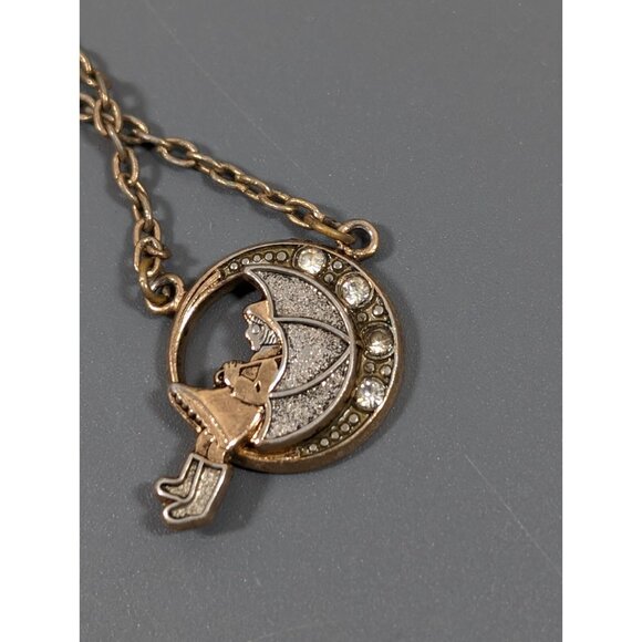 Vintage 1970s 1928 Morton Salt Girl Umbrella Gold Tone Necklace with Crystals - Picture 9 of 11